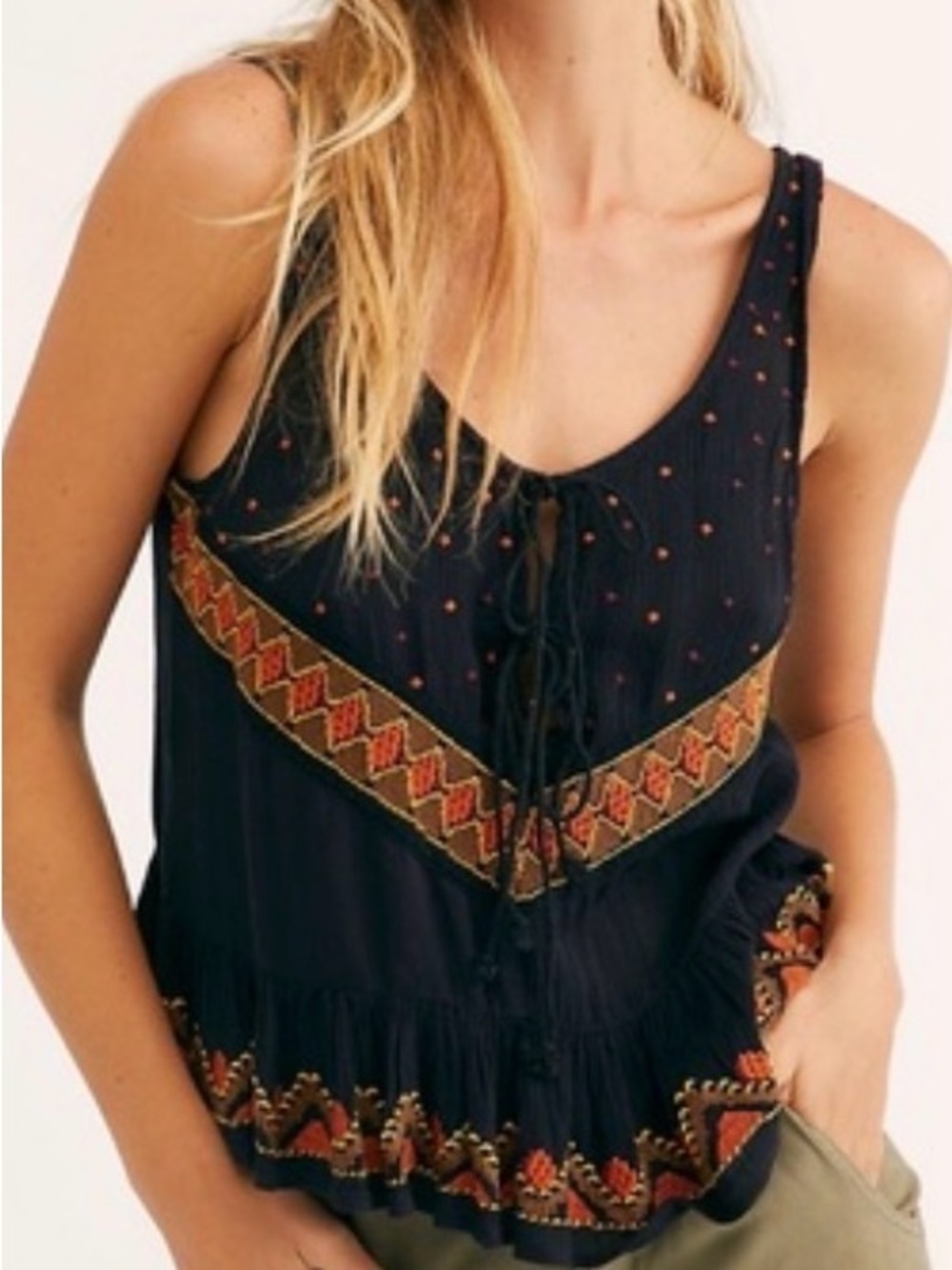 Free People Black Embroidered Crop Tank with Orange & Gold Accents